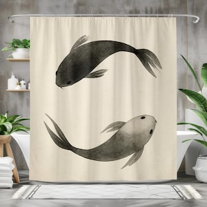 Japandi Koi Fish Shower Curtain in Neutral Beige, Minimalist Zen Bathroom Decor, Modern Wabi Sabi Aesthetic for Peaceful Home Vibes