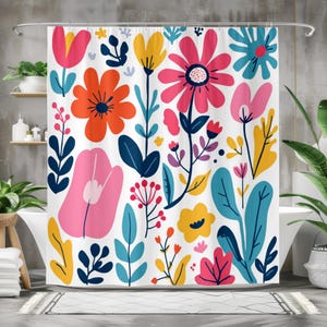 May include: A white shower curtain with a colorful floral pattern. The flowers are pink, red, yellow, blue, and green. The background is white.
