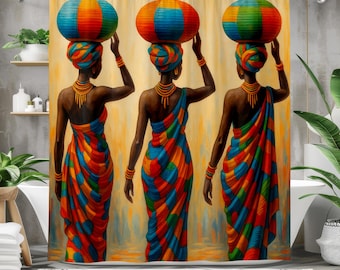 African Woman Shower Curtain with Colorful Tribal Art, Afrocentric Bathroom Decor, Ethnic Black Girl Magic Waterproof Fabric Curtain