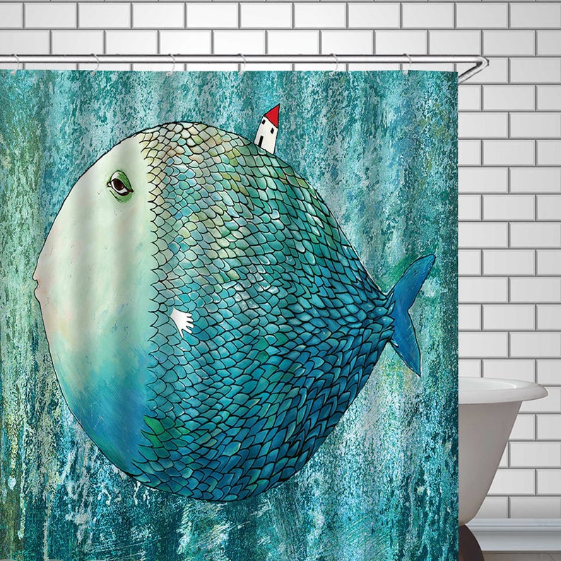 Fish Shower Curtain Big Fish Smal House Bathroom Decor Abstract Blue