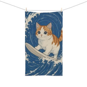 Surfing Cat Hand Towel, Cute Cat Decor, Pet Lover Gift, Kitchen Towels, Beach House Accessories, Fun Bathroom Decor