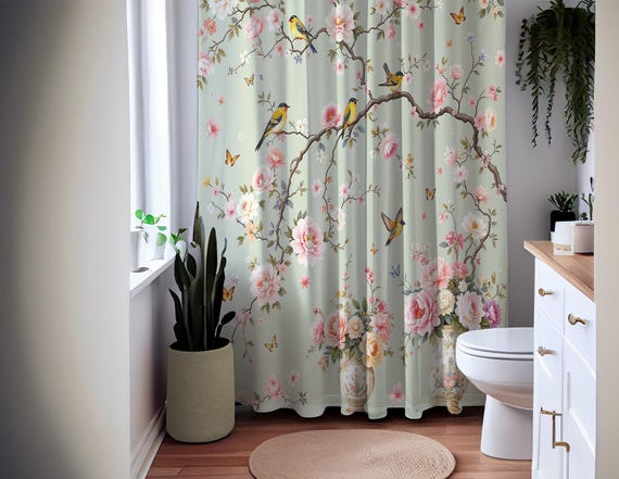 Tenda Doccia Extra Lunga Boho Verde Salvia Con Fiori - 182 X 244 Cm - Set Con Ganci In Tessuto