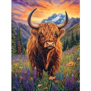 May include: A vibrant painting of a Highland cow with long, shaggy, reddish-brown fur, set against a backdrop of mountains and a colorful sunset. The cow stands in a field of wildflowers, including purple lupines and yellow blooms.