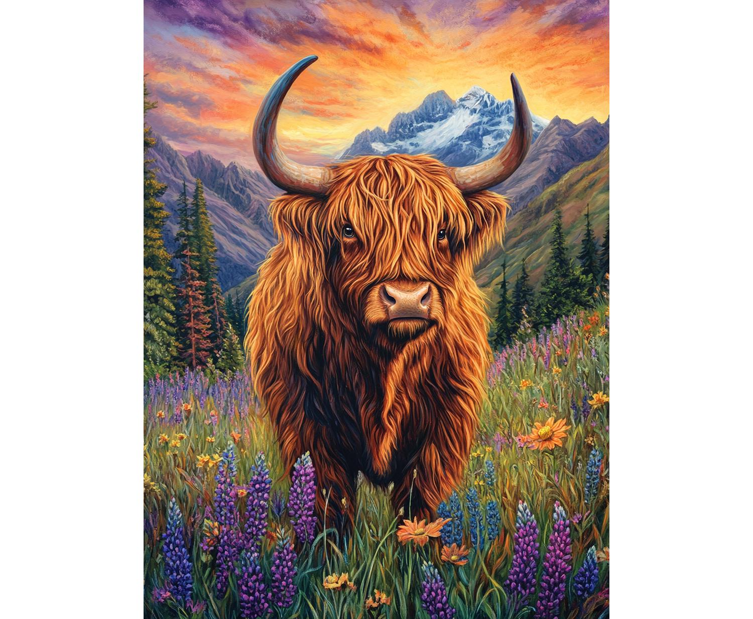 Highland Cow Diamond Painting Kit With Mountain Sunset, 5D Full Drill DIY Art, Rustic Farmhouse Decor, Gift For Cow Lovers, Nature Scene