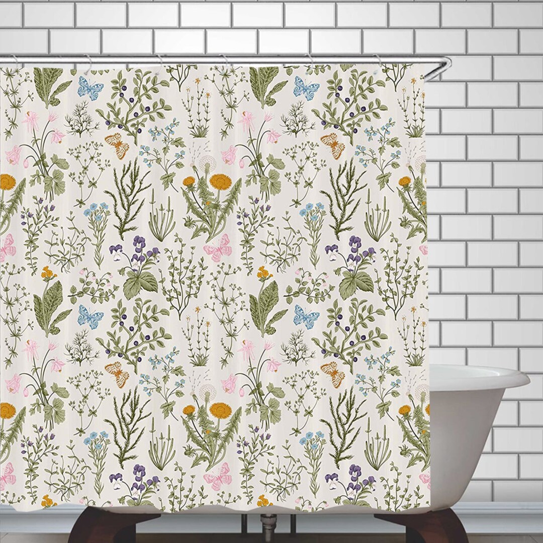 Botanical Shower Curtain Watercolor Floral Shower Curtains Waterproof ...