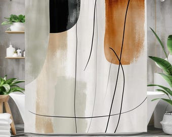 Douchegordijn met abstracte moderne kunst | Waterdicht stoffen badgordijn | Badkamerdecoratie: zwart, beige, roest, wit