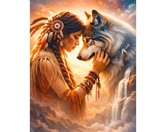 Native Woman and Wolf Diamond Painting Kit, 5D DIY Full Drill Diamond Art, Spiritual Wolf Fantasy Artwork, Boho Nature Wall Decor