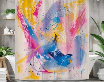 Abstract Shower Curtain, Modern Bathroom Decor, Colorful Abstract Bath Curtain, Contemporary Wall Art, Pink Blue Yellow Bathroom Decor