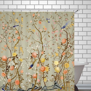 Shower Curtain Birds Flowers Tree Branches Bath Decor Floral Bathroom Curtains