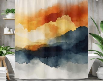 Abstract Watercolor Bath Curtain, Waterproof Fabric Bathroom Decor, Artistic Shower Curtain for Modern Homes, Teal, Orange, Gray, Cream