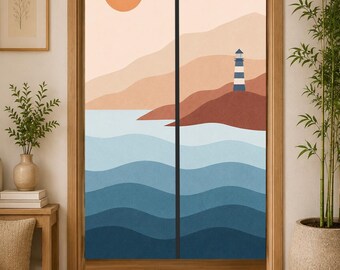 Coastal Lighthouse Noren Curtain, Abstract Ocean Door Curtain, Minimalist Beach Room Divider, Nautical Seascape Entryway Curtain