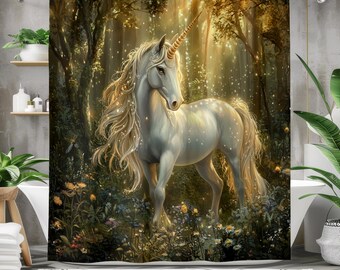 Magisch eenhoorn douchegordijn - badgordijn betoverd bos - waterdichte stof badkamerdecor, fantasie eenhoorn badkamerkunst
