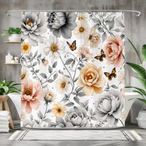 Floral Shower Curtain, Elegant Butterfly Bathroom Decor, Boho Chic Bath Curtain, Botanical Peony & Daisy Print, Retro Cottagecore Home Gift