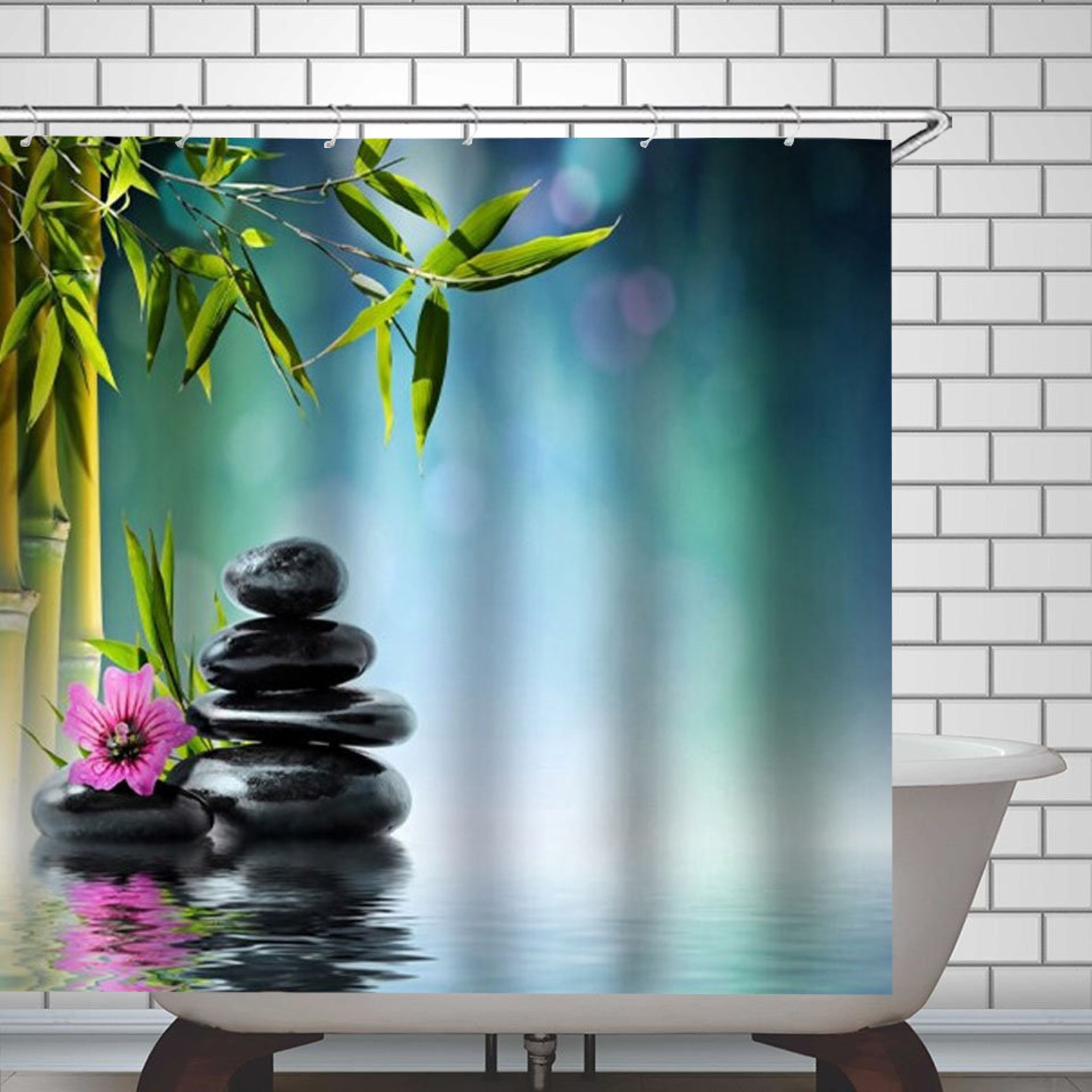 Zen Shower Curtain Bamboo Lotus Flower and Black Zen Stones | Etsy