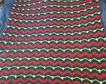 Ręcznie robiony na szydełku koc, zielono-czerwony pled afgański, koc ze ściegiem bobble, wystrój domu Cottagecore, przytulny