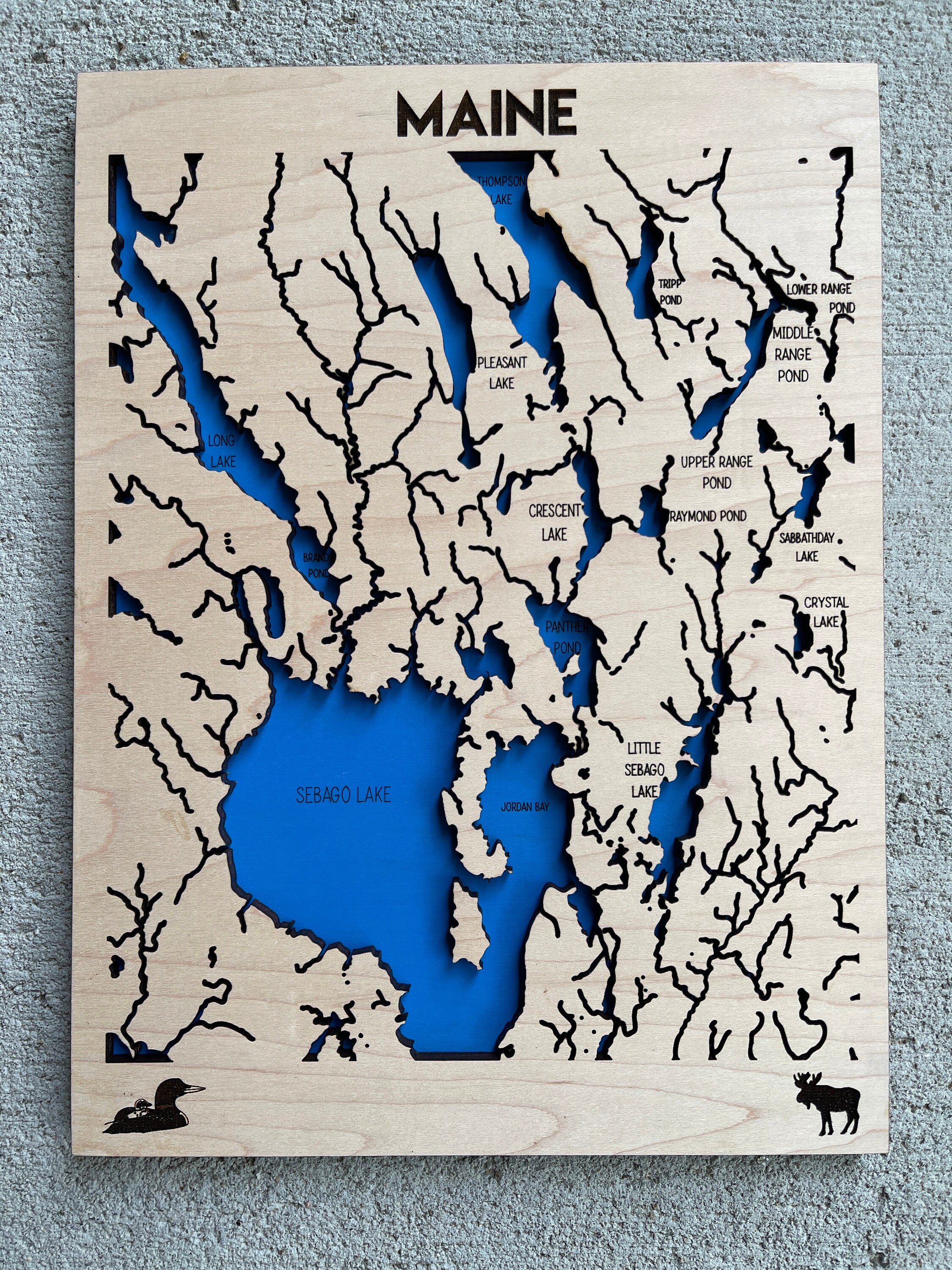 Maine Lakes Region Art / Sebago Lake Maine Wooden Map Etsy UK