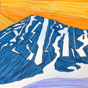 May include: A hand-drawn illustration of a mountain with a small cabin at the peak. The mountain is blue with white snow and is set against a yellow and orange sunset sky.
