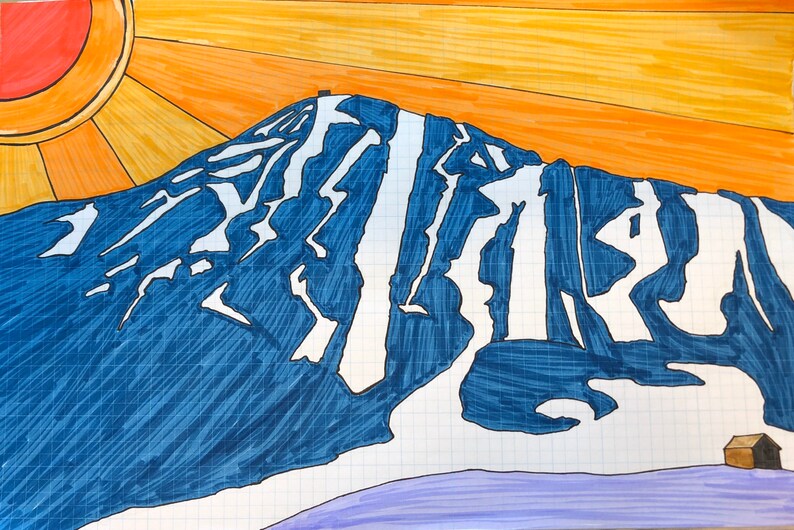 May include: A hand-drawn illustration of a mountain with a small cabin at the peak. The mountain is blue with white snow and is set against a yellow and orange sunset sky.