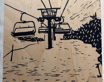Chairlift Print on Wood / Ski Chair Lift Print / Sugarloaf Maine Chairlift / Ski Mountain Print