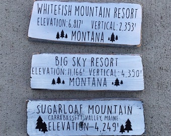 Ski Mountain Elevation Wooden Sign