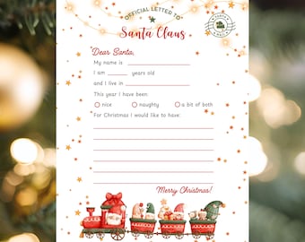 Carta a Papá Noel en tren de acuarela / Lista de deseos navideña imprimible para niños / Plantilla de carta a Papá Noel / Actividades navideñas para niños / Descarga instantánea