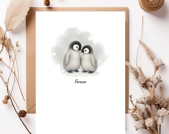 Penguin I Love You Card Printable | Anniversary Card Printable | Sweet Watercolor Penguin Couple | Romantic Love Note | Digital Download