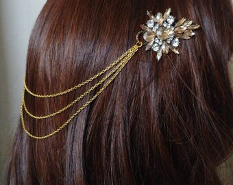 Pink Yellow Gold Bridal Hair Chain-Hair Jewelry-Gold Hair Accessories-Pink Bridal Headpiece-Pink Bridal Hair Drape-Gold Wedding Hair Chain