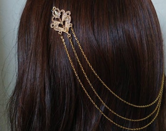 Pink Yellow Gold Bridal Hair Chain-Hair Jewelry-Gold Hair Accessories-Pink Bridal Headpiece-Pink Bridal Hair Drape-Gold Wedding Hair Chain