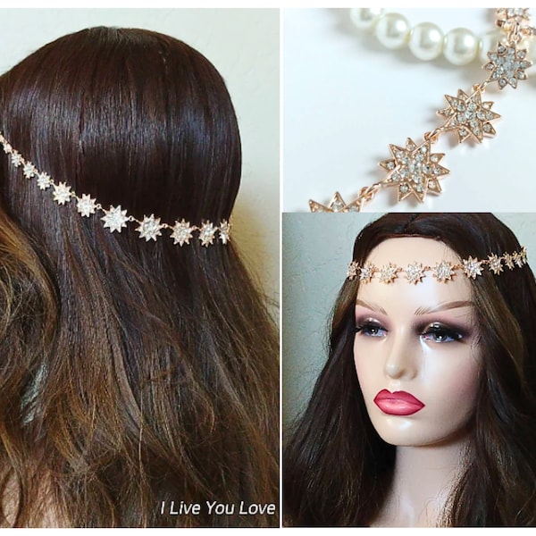 Rose Gold Hair Accessories-Star Hair Jewelry-Star Hair Accessories-Celestial Hair Chain-Bridal Headpiece-Celestial Headpiece-Star headpiece