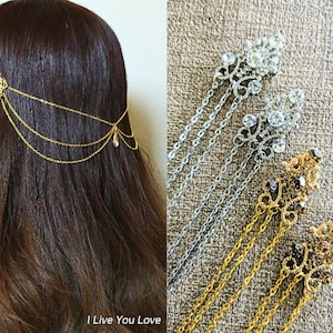 Art Deco Champagne Bridal Hair Chain-Gold Hair Jewelry-Gold Hair Accessories-Champagne Bridal Headpiece-Gold Bridal Hair Drape-Art Deco Hair