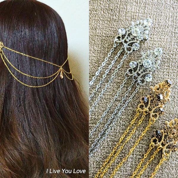 Art Deco Champagne Bridal Hair Chain-Gold Hair Jewelry-Gold Hair Accessories-Champagne Bridal Headpiece-Gold Bridal Hair Drape-Art Deco Hair