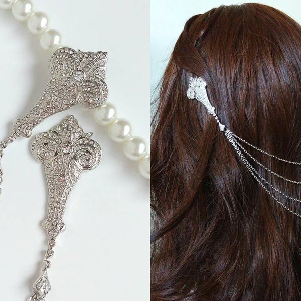Art Deco Hair Chain-Silver Hair Jewelry-Silver Hair Accessories-Bridal Headpiece-Art Deco Hairpiece-Bride Headpiece-White Gold Headpiece