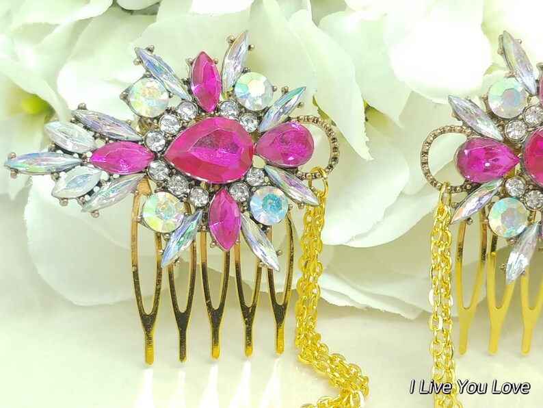 Pink Yellow Gold Bridal Hair Chain-Hair Jewelry-Gold Hair Accessories-Pink Bridal Headpiece-Pink Bridal Hair Drape-Gold Wedding Hair Chain