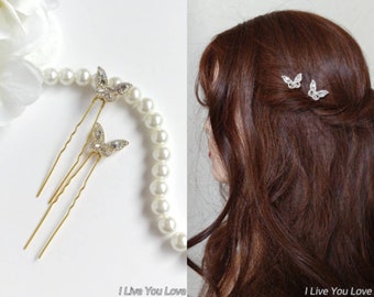Bridal Hair Pin Set-Gold Bridal Hair Accessories-Gold Wedding Hair Accessories-Butterfly Pins-Wedding Hair Pins-Art Deco Hair-Butterfly Hair