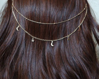 天体ヘアチェーン - 月のブライダルヘッドバンド - 星のヘアアクセサリー - ゴールドのブライダルヘッドピース - ブライダルヘアドレープ - 天体ヘアピース - 星のヘアピース