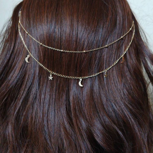 Celestial Hair Chain-Moon Bridal Headband-Star Hair Accessories-Gold Bridal Headpiece-Bridal Hair Drape-Celestial Hairpiece-Star Hair Piece