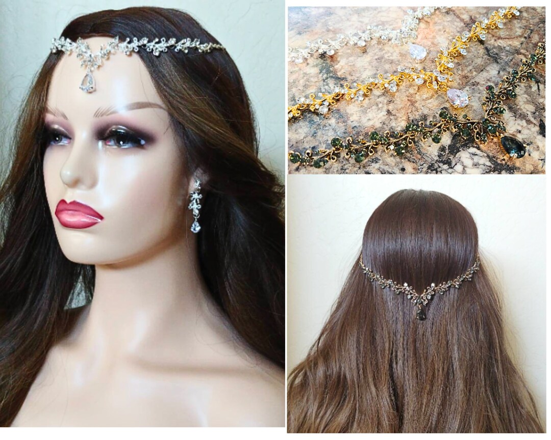 White Gold Bridal Hair Chainwedding Hair Accessoriesforehead Etsy