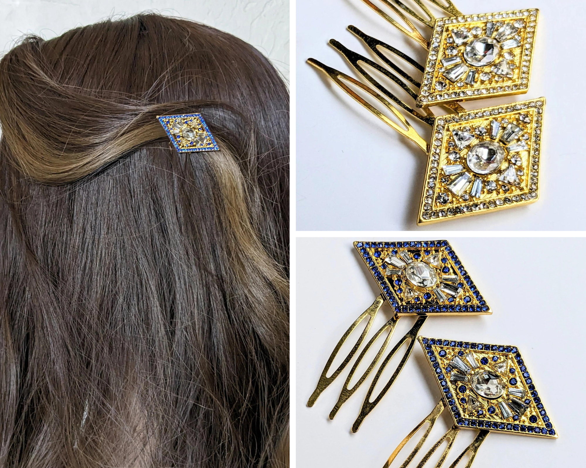 Vintage 80’s Blue Hair Combs with Gold Tone Accents Extra Large Vintage Art Deco Gold and Blue Hair Comb  main image 2