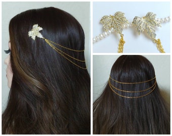 LAST ONE! Yellow Gold Bridal Hair Chain-Hair Jewelry-Bridal Hair Accessories-Boho Headpiece-Bridal Hair Drape-Wedding Hair Piece-Gold Leaf