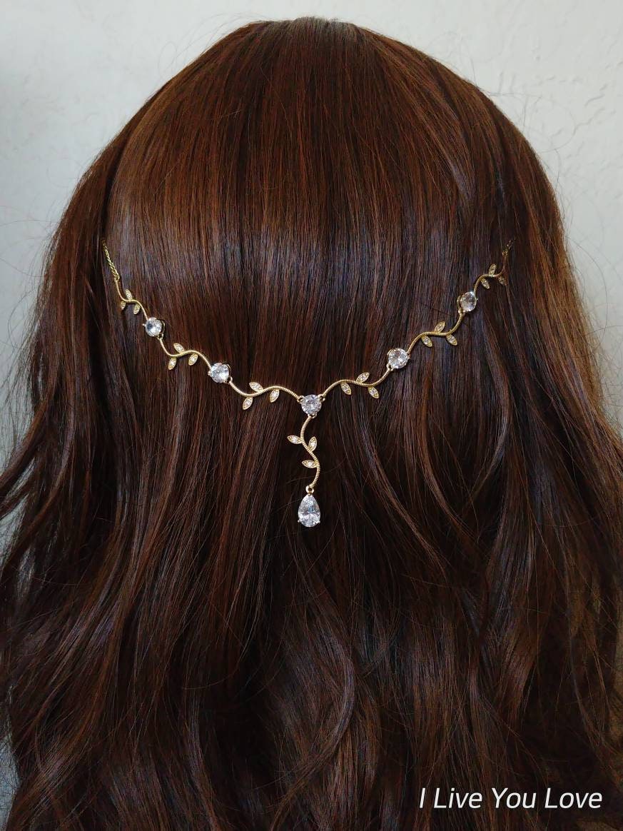 Yellow Gold Bridal Hair Chain-Hair Jewelry-Bridal Hair Accessories-Boho Headpiece-Bridal Hair Drape-Wedding Hair Piece-Gold Leaf Hair Vine