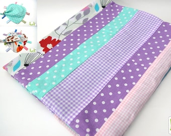 Baby blanket for girls in purple/pink/mint with flowers, dots, also as a set with cuddly towel