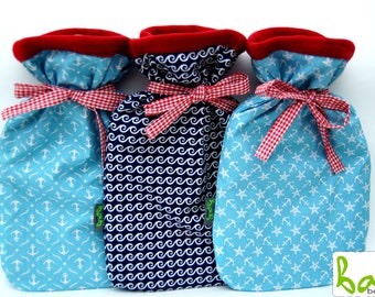 Hot water bottle with cover, hot water bottle cover, in blue/red maritime