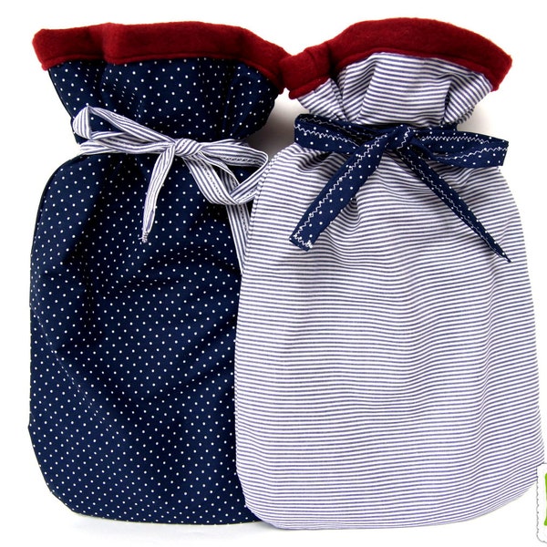 Wärmflaschenbezug, Wärmflaschenhülle, Hot water bottle cover mit Streifen oder Punkten in Blau/Rot