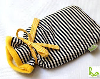 Hot water bottle cover, hot water bottle, hot water bottle sleeve sleeve with stripes in black/yellow