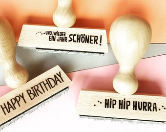 Set of 3 HAPPY BIRTHDAY!! 3 wooden stamps for celebrating birthdays, giving as gifts, wrapping and wishing good luck :-)