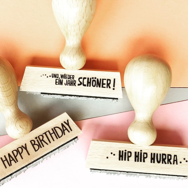 3er set HAPPY BIRTHDAY !! 3 holzstempel zum geburtstag feiern, schenken, einpacken und glück wünschen :-)