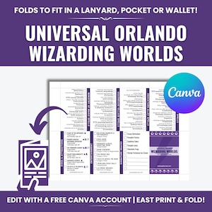 May include: A printable guide titled Universal Orlando Wizarding Worlds with sections for spells, rides, attractions, entertainment, and snacks. The purple and white document features checkboxes and text, designed to fold for a lanyard or wallet.