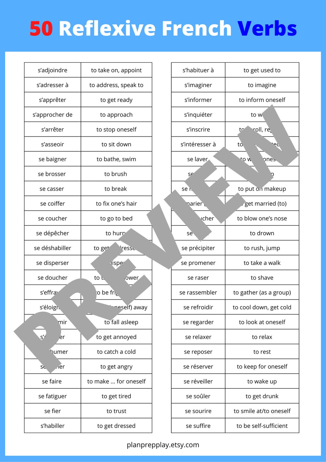 50 Most Common French Reflexive Verbs Instant Download PDF Etsy