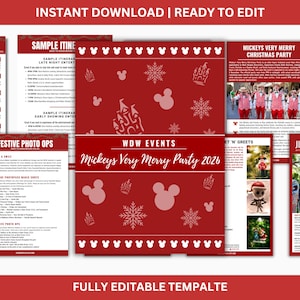 May include: A digital event planner template for Mickey's Very Merry Party 2026, featuring a red cover with white snowflake and mouse head icons. The document includes multiple pages with text, event schedules, photo opportunity lists, and images.