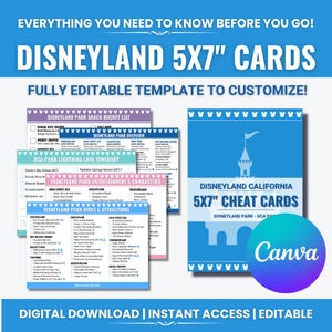 Editable Disneyland Itinerary Cards with Template | 5x7" Index Cheat Cards | Vacation Planning | FREE Updates for 1 Year | Updated May 2025